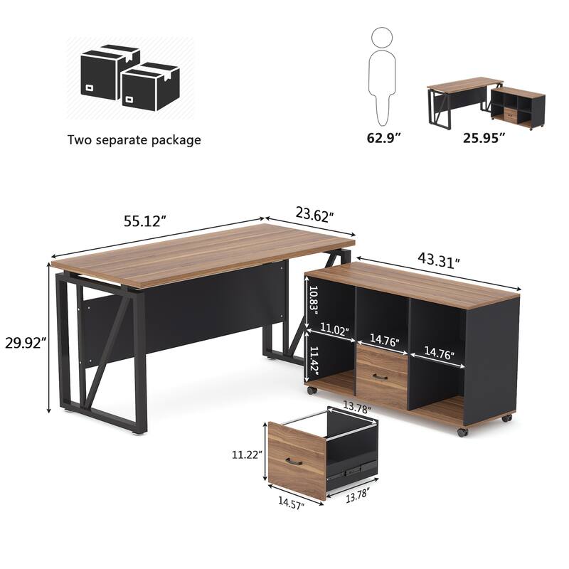 L-Shaped Computer Desk, 55 inches Executive Desk with lateral File Cabinet