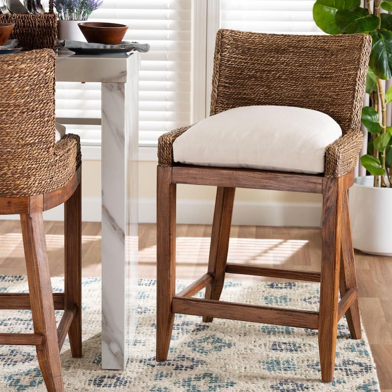 Ridley Seagrass Counter Stool with Mahogany Wood Frame - Coastal Seating with Woven Square Back and Cushioned Seat for Kitchen