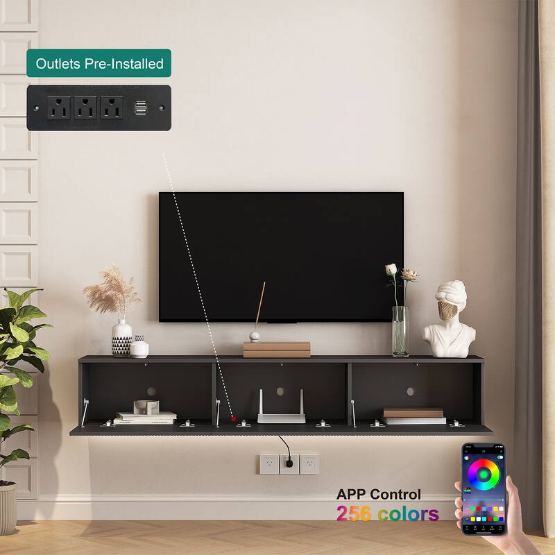 69" Wall Mounted Floating TV Console with LED Lighting, Modern Media Cabinet for 55 60 65 Inch TVs, Large Storage Shelf