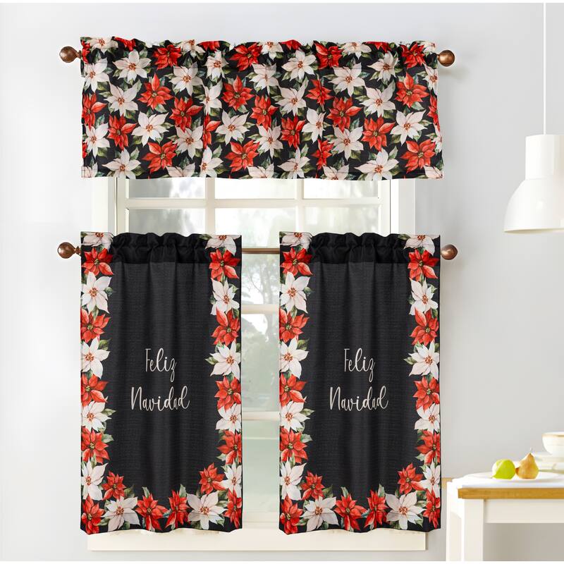 Poinsettia Feliz Navidad Christmas Holiday Kitchen Curtain