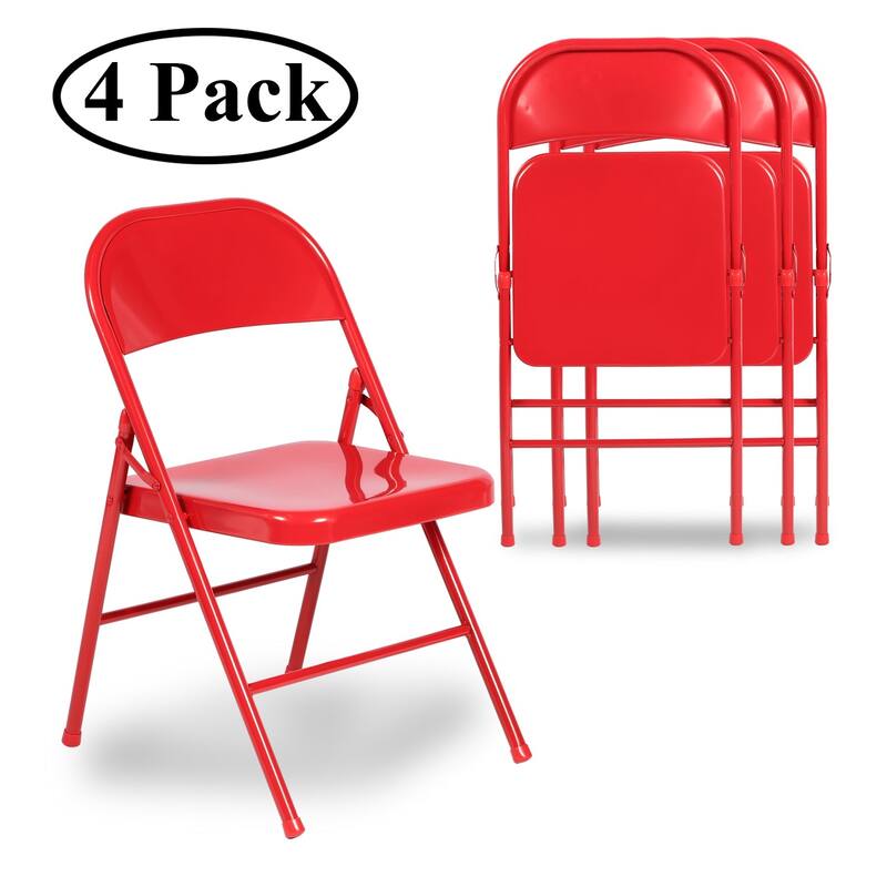 VECELO Folding Chairs Set of 4 Metal Frame Steel Seat with Triple Braced - Red