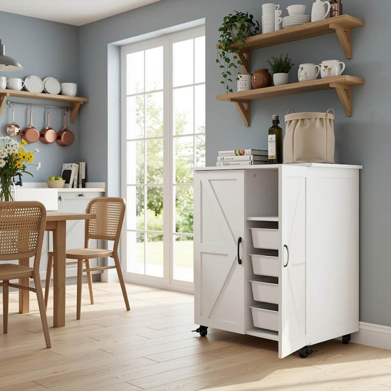 Homy Casa Kitchen Pantry Cabinet Barn Doors Wheels, White Storage