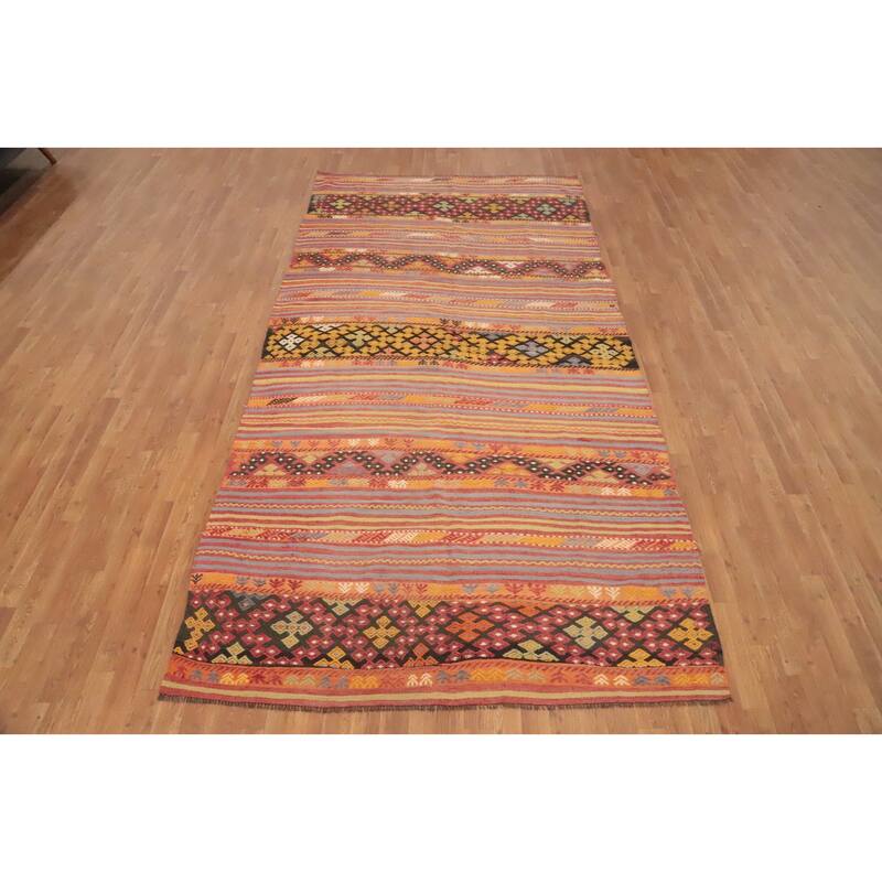 Hand Woven Oriental 100% Wool Carpet Southwestern Tribal Multi-Colored Kilim Area Rug - 11' 2'' X 5' 9''