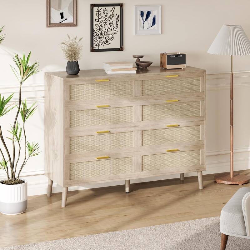 6/8 Drawer Dresser for Bedroom, Natural Rattan Dresser with Metal Handles, Farmhouse Chest of Drawer
