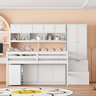 Full Storage Wood Loft Bed with Under-Bed Desk, Drawers, Shelves White