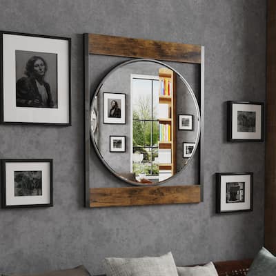 Industrial Metal Wood Frame Wall Mirror