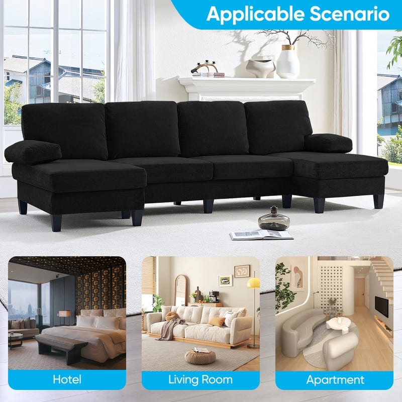 Mixoy 110"U-Shaped Sectional Couches,Chenille Fabric Upholstered Large 4-Seater Sofa with Double Chaises and Sleepable Armrest