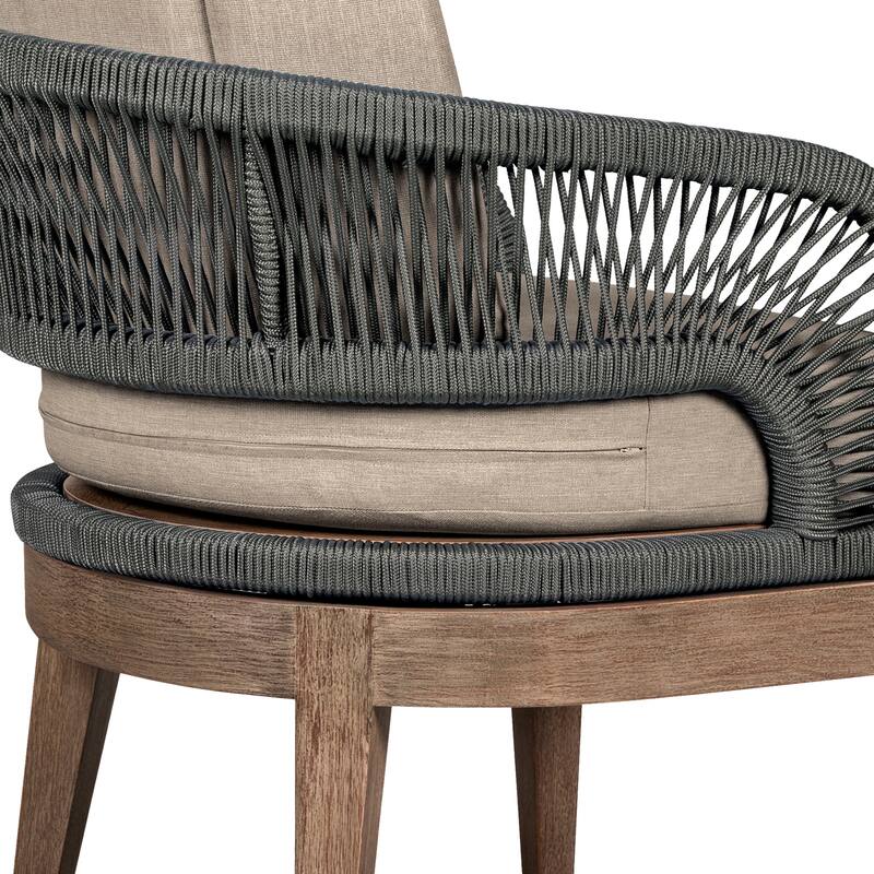 Orbit Boho Solid Eucalyptus Wood and Woven Rope Outdoor Dining Chair with Olefin Cushions