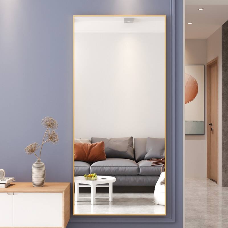 71" x 32" Tall Full Length Tempered Mirror with Stand, Gold Wall Mounting Full Body Mirror
