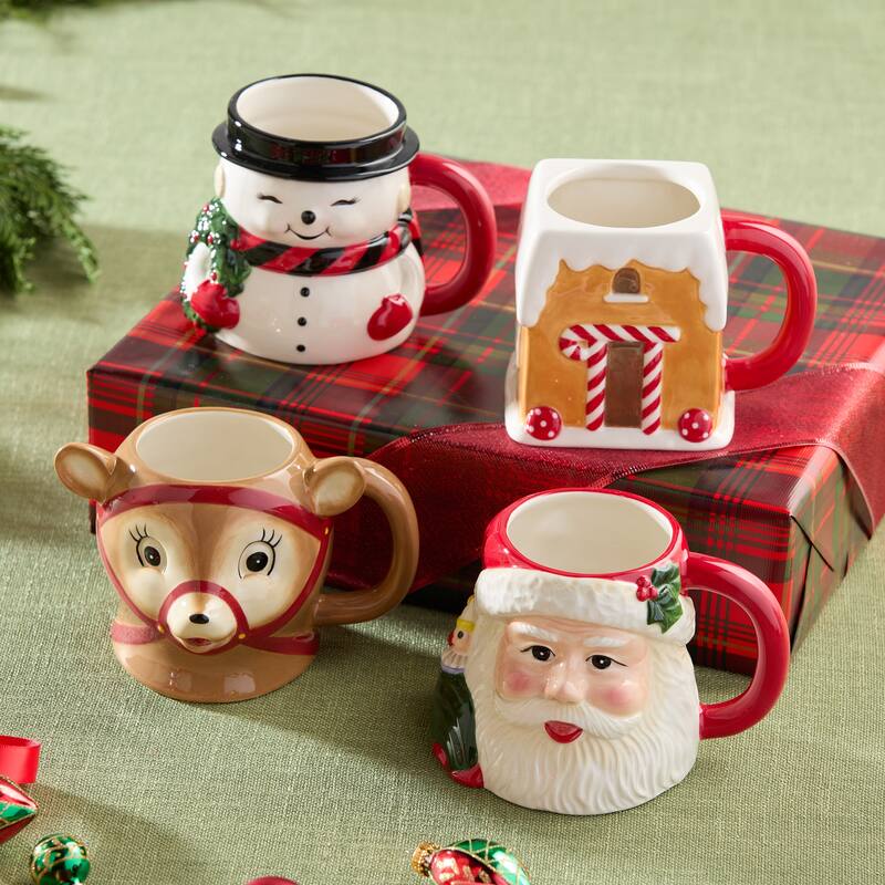 Certified International Santa's Retro Christmas Set of 4 3-D Mugs 16 oz Assorted Designs