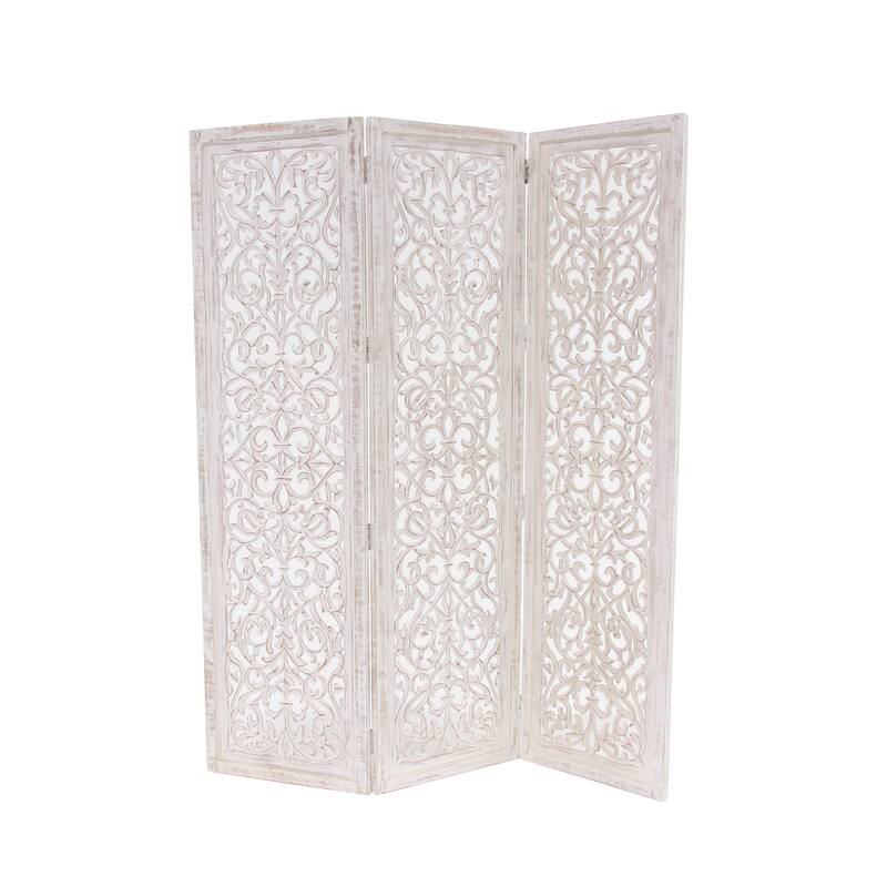 White Wooden Handmade Hinged Foldable Partition 3 Panel Floral Partition Room Divider Screen with Intricate Carved Design