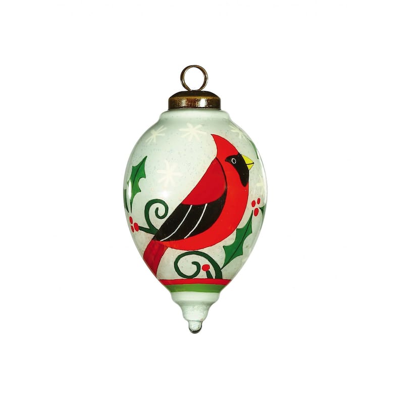 Festive Glitter Red Cardinal Hand Painted Mouth Blown Glass Ornament - 4" x 2.5" x 2.5"