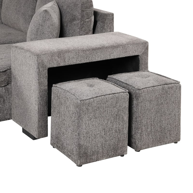 104" Modern L-Shape 3 Seat Reversible Sectional Couch, Pull Out Sleeper Sofa with Storage Chaise and 2 Stools