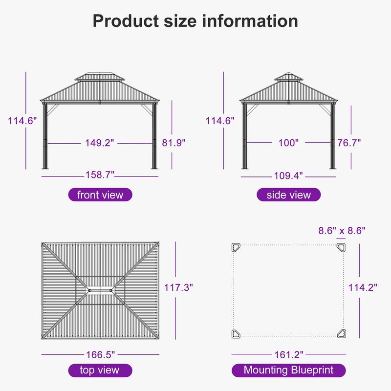 PURPLE LEAF Patio Gazebo for Backyard Hardtop Galvanized Steel Frame with Upgrade Curtain - Light Grey