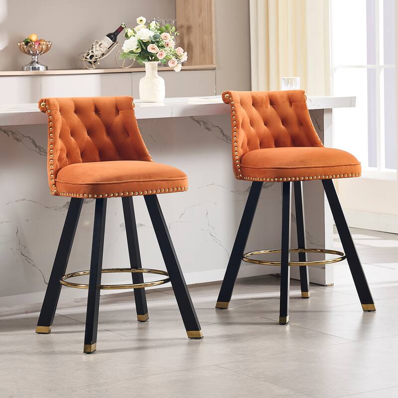 Versatile Velvet Tufted Bar Chairs Set of 2 Swivel Bar Stools with Back Pull Ring, Rivet Decoration and Wooden Square Foot