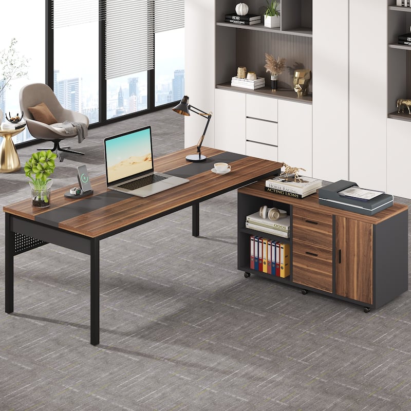 71 Inch Executive Desk with Mobile File Cabinet, L-Shaped Desk with Drawers & Shelves, Large Computer Desk for Home Office - Brown & Black
