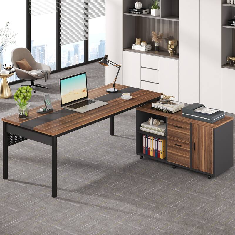 71 Inch Long Office Desk with Drawers & Mobile File Cabinet, L-Shaped Executive Desk with Storage for Home Office