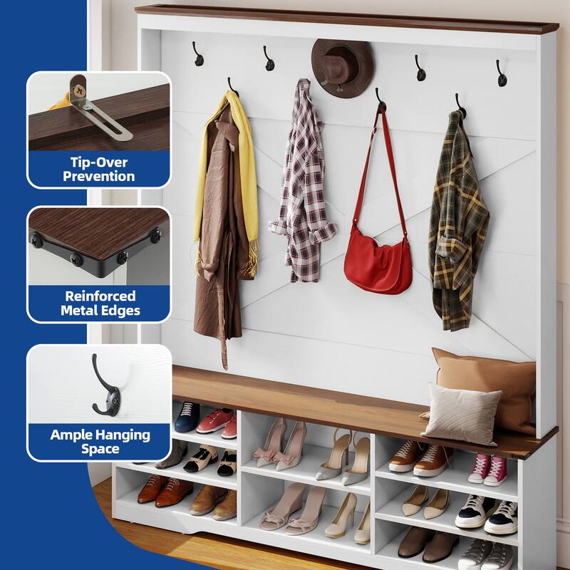 Moasis Hall Tree Coat Rack with Bench Shoe Storage w/ 10 Hooks for Entryway