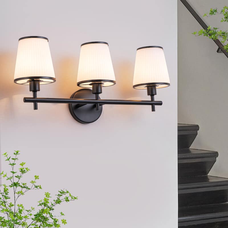 3-Light Matte Black Metal Wall Sconce Ribbed Fabric Shade Traditional