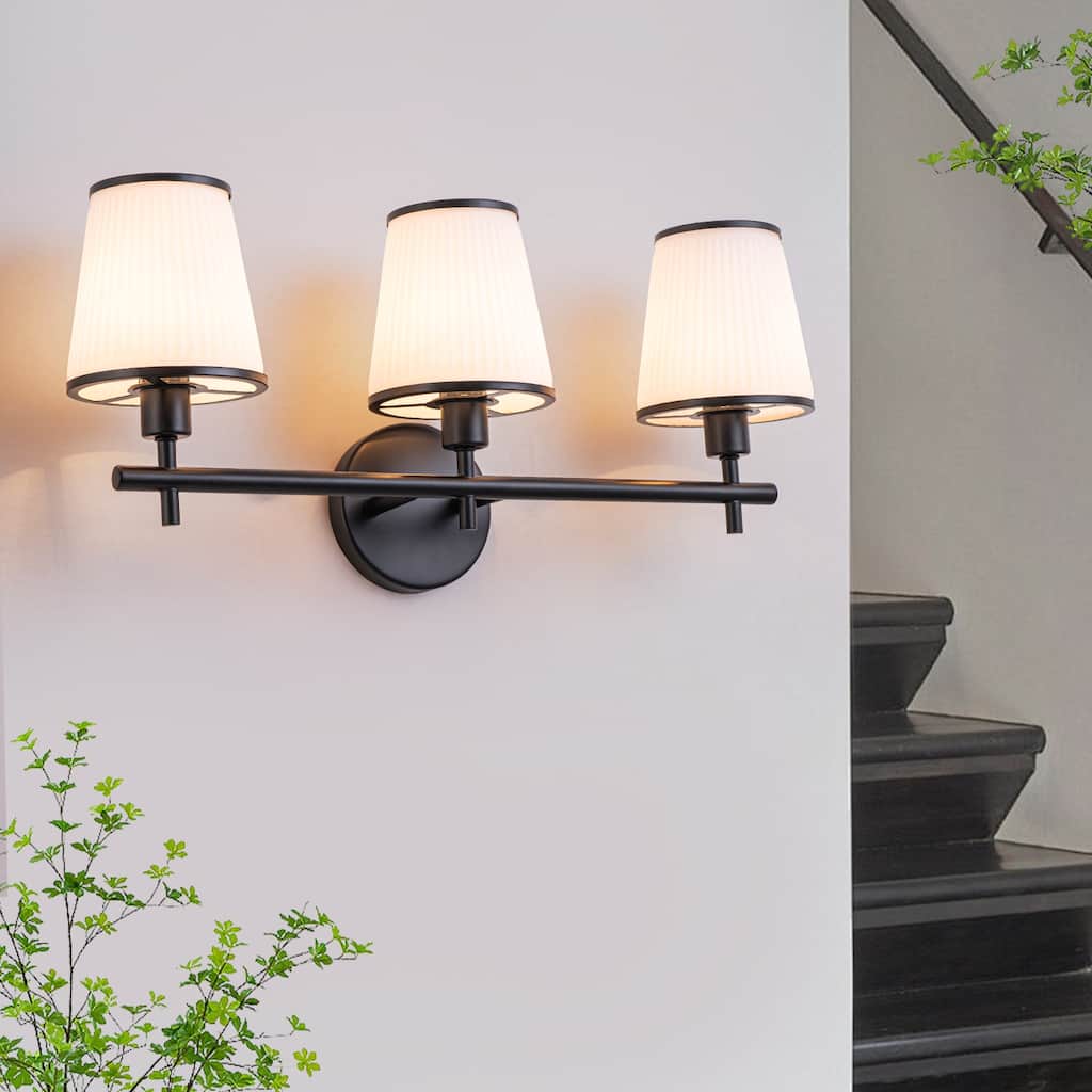 3-Light Matte Black Metal Wall Sconce Ribbed Fabric Shade Traditional