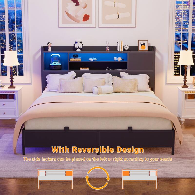 Platform Bed Frame with Reversible Storage Bookcase Headboard and Charging Station and RGB LED Lights