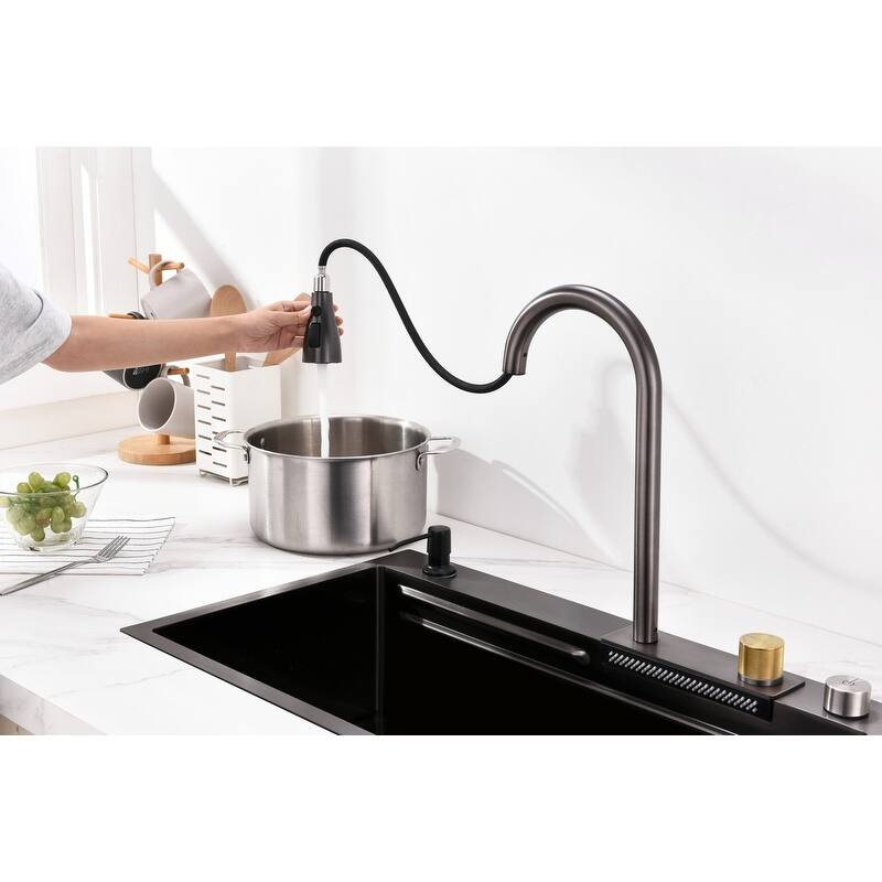 MEDUNJESS Stainless Steel drop in single bowl kitchen sink with Flying-rain Faucet and Cutting Board - 30''