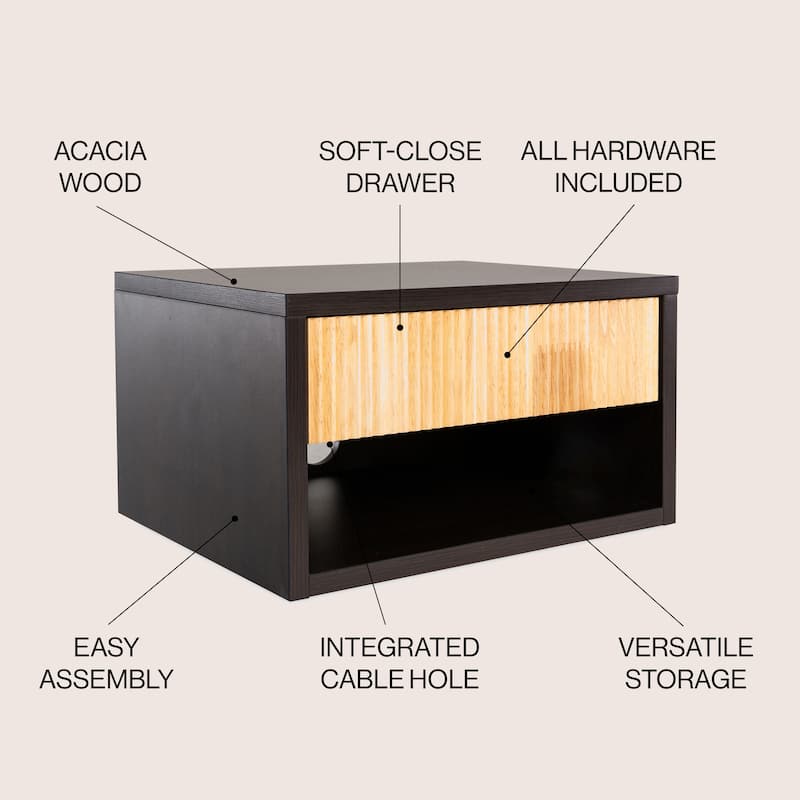 JONATHAN Y Ettore 15.71" Classic Contemporary Floating Wall Mounted Nightstand with Soft-Close Tambour Drawer and Cable Hole