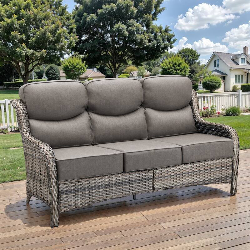 Outdoor Armset Sofa PE Rattan Patio Sofa - 3-Seat Sofa - 3-Seat Sofa - Grey Rattan - Grey Cushion