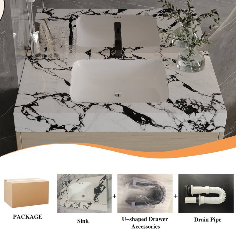 29.9" Floating Bathroom Vanity for Small Bathrooms - Sintered Stone Top & Ceramic Undermount Sink