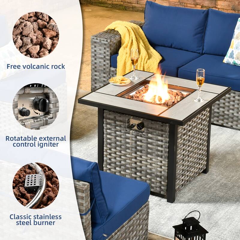 OVIOS Patio Wicker Furniture Wide Arm 7-piece Fire Pit Set with Table