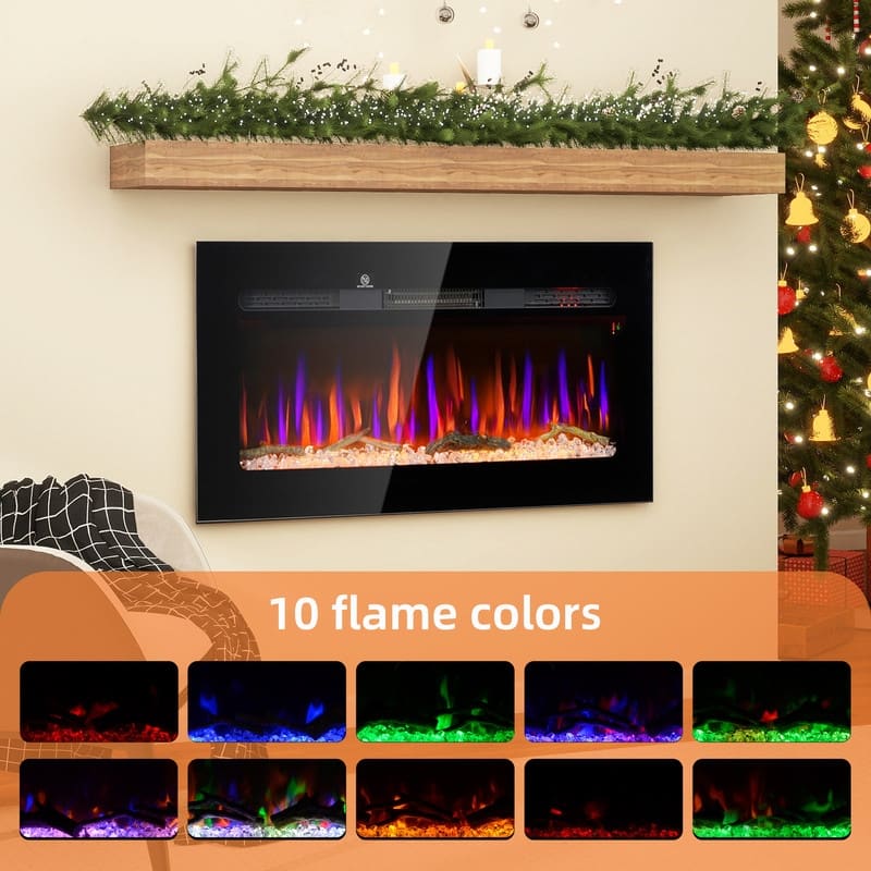 36/40/50/60 in. Wall Mount Recessed Electric Fireplace in Black, Remote Control, 8H Timer, Adjustable Flame & Brightness
