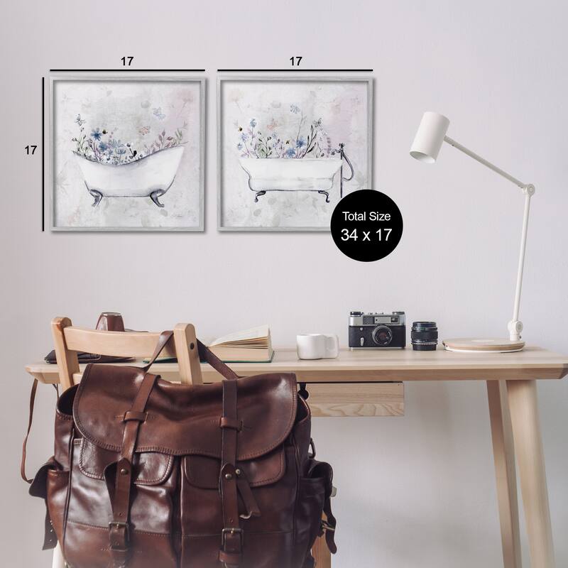 Stupell Antique Tubs with Botanics Framed Giclee Art Design By Stella Chang (Set of 2)