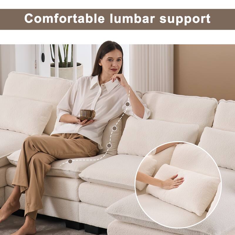 U Shape Cloud Couch 111.8",4-seat Velvet Fabric Upholstered Sofas with Chaise Lounge & Pillows