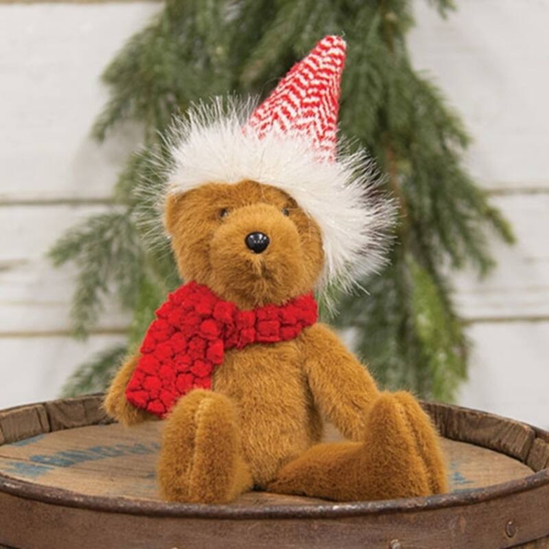 Brown Plush Teddy Bear Figurine with Red Chevron Santa Hat and Winter Scarf Christmas Decor - 12.5" H x 5" W x 4" D