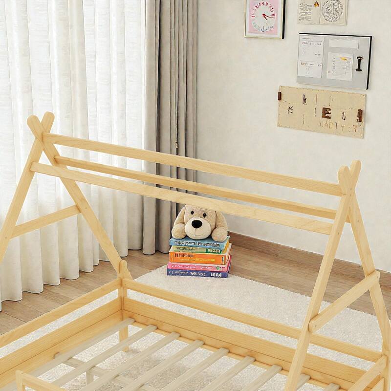 Twin/Full House Platform Bed with Stairs, Solid Wood Low Profile Kids Bed Frame, Fun Playhouse Design for Children