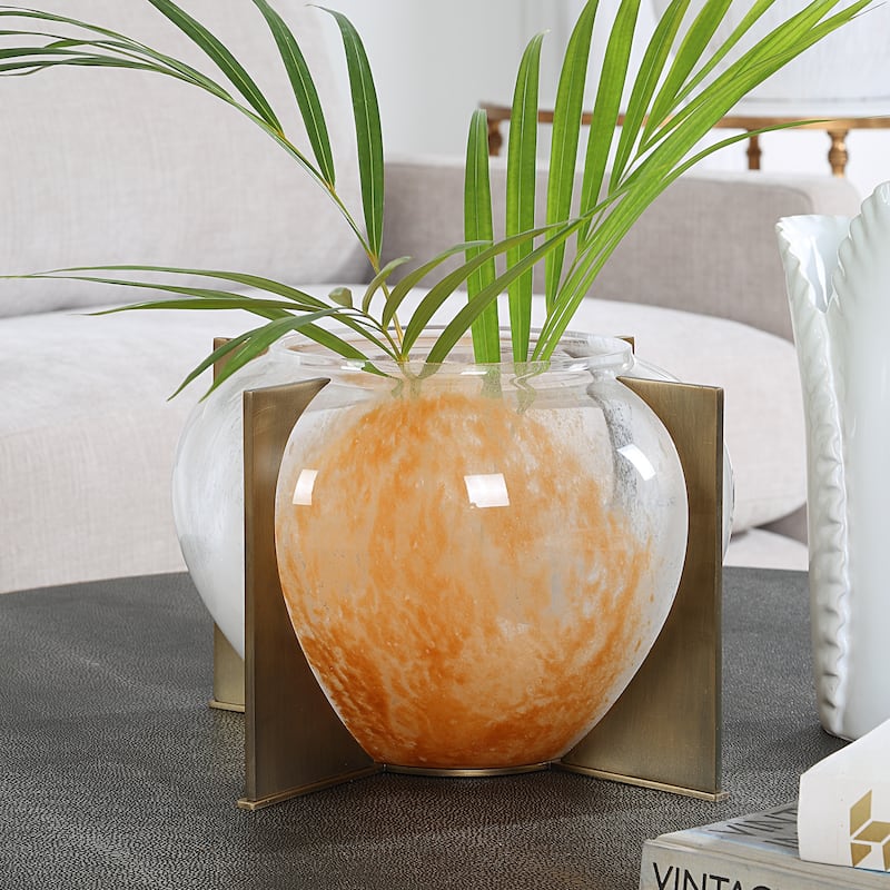 Large Round Glass Vase with Metal Stand - 12.25" - Orange and White