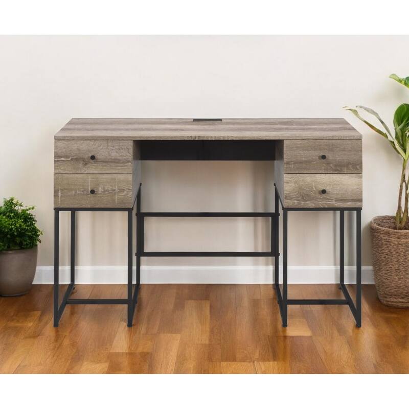 47” Modern 4 Drawers Reversible Brown Writing Desk with USB Port and Black Metal Frame for Office or Study