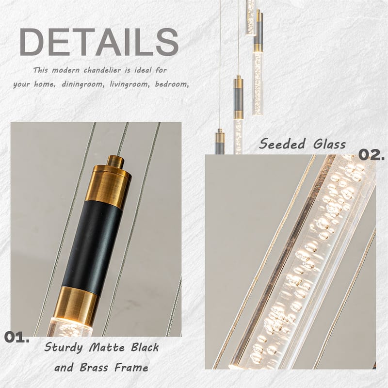 12'' Modern 5-Light Seeded Bubble Glass Cluster Integrated LED Staircase Chandelier Pendant Light In Matte Black - W12''
