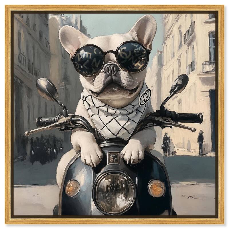 Frenchie on a Scooter Drive Canvas by Art Remedy - Gold - 12" x 12"