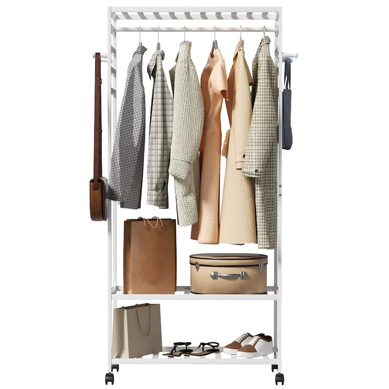 Bamboo Rolling Clothes Rack with Storage Shelves and Hanging Rod - W 30.9" x D 15.75" x H 66.34"