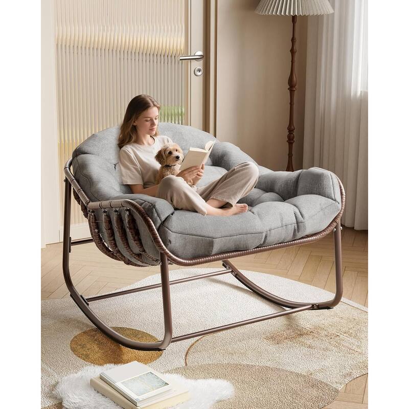 Patio Rocking Chair, Oversized Wicker Lounge Chair with Cushion,Patio Rattan Egg Rocker for Backyard
