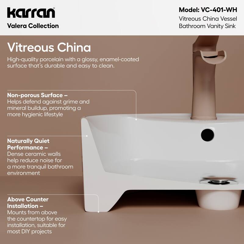 Karran Valera 18" Vitreous China Vessel Bathroom Sink in White with Overflow Drain