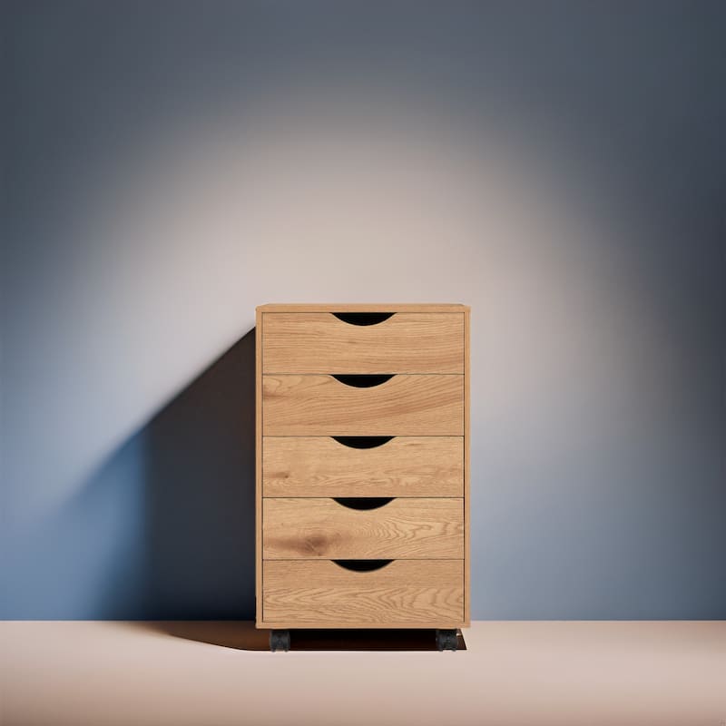 Portable 5-Drawer Wooden Cabinet with 360° Wheels, Smooth Pullout & Extra Top Storage