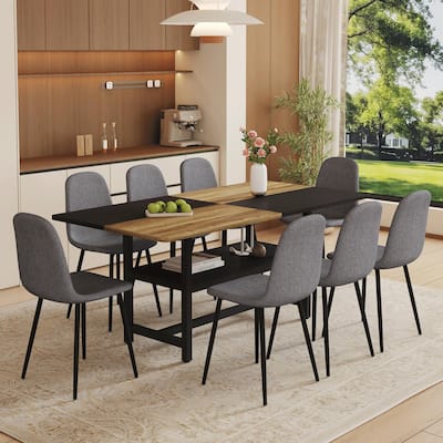9-Piece Spliced Dining Table with Storage Compartment, Scratch-Resistant MDF Top, Linen-Cotton Chairs, Anti-Slip Feet