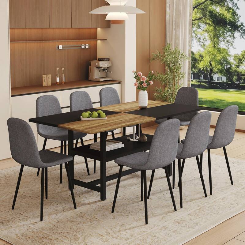 Roomfitters 7/9pcs Wood and Black Spliced Dining Table Set with Storage Base and Linen Fabric Chairs, Dark Gray