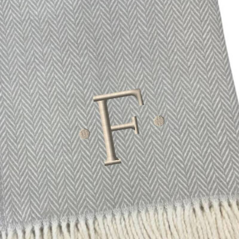55" X 70" Gray And White Herringbone Cotton Blend A Initial Throw Blanket with Tassels And Embroidery