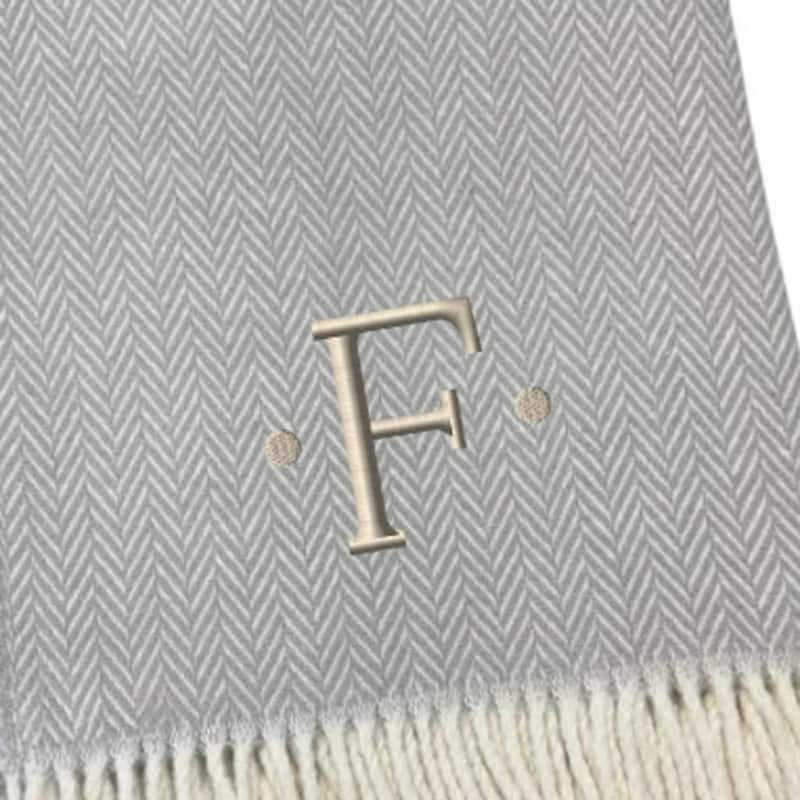 HomeRoots 55" X 70" Gray And White Herringbone Cotton Blend F Initial Throw Blanket with Tassels And Embroidery