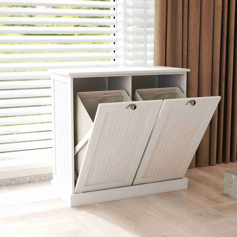 33" White Tilt-Out Laundry Sorter Cabinet with Two-Compartment