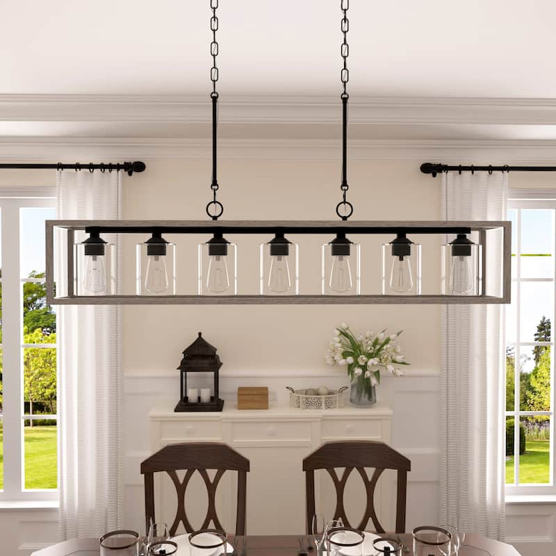 Allegray 52in Farmhouse 7-light Linear Chandelier Rectangle Kitchen Island Pendant - 52'' W x 8'' D x 11'' H - Driftwood
