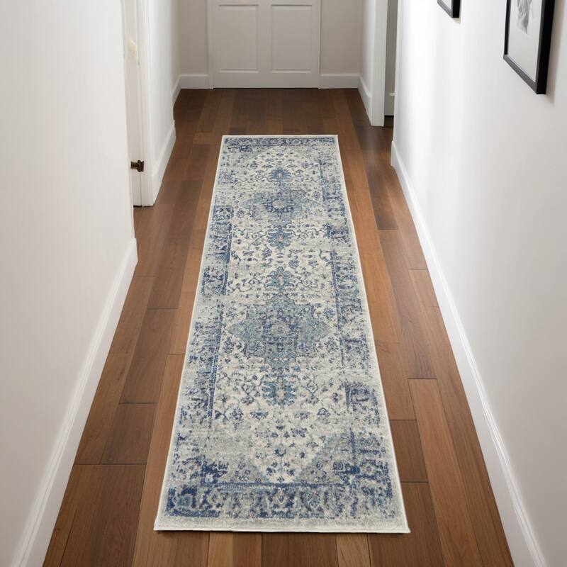 HomeRootsFloral Medallion Transitional Runner Area Rug - 87' X '27' X '0.5 - 87' X '27' X '0.5 - Light Blue/Ivory